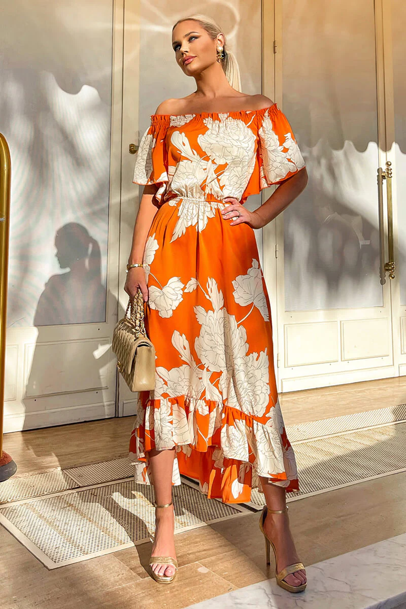Blood Orange Printed Bardot Style Midi Dress - Image 3