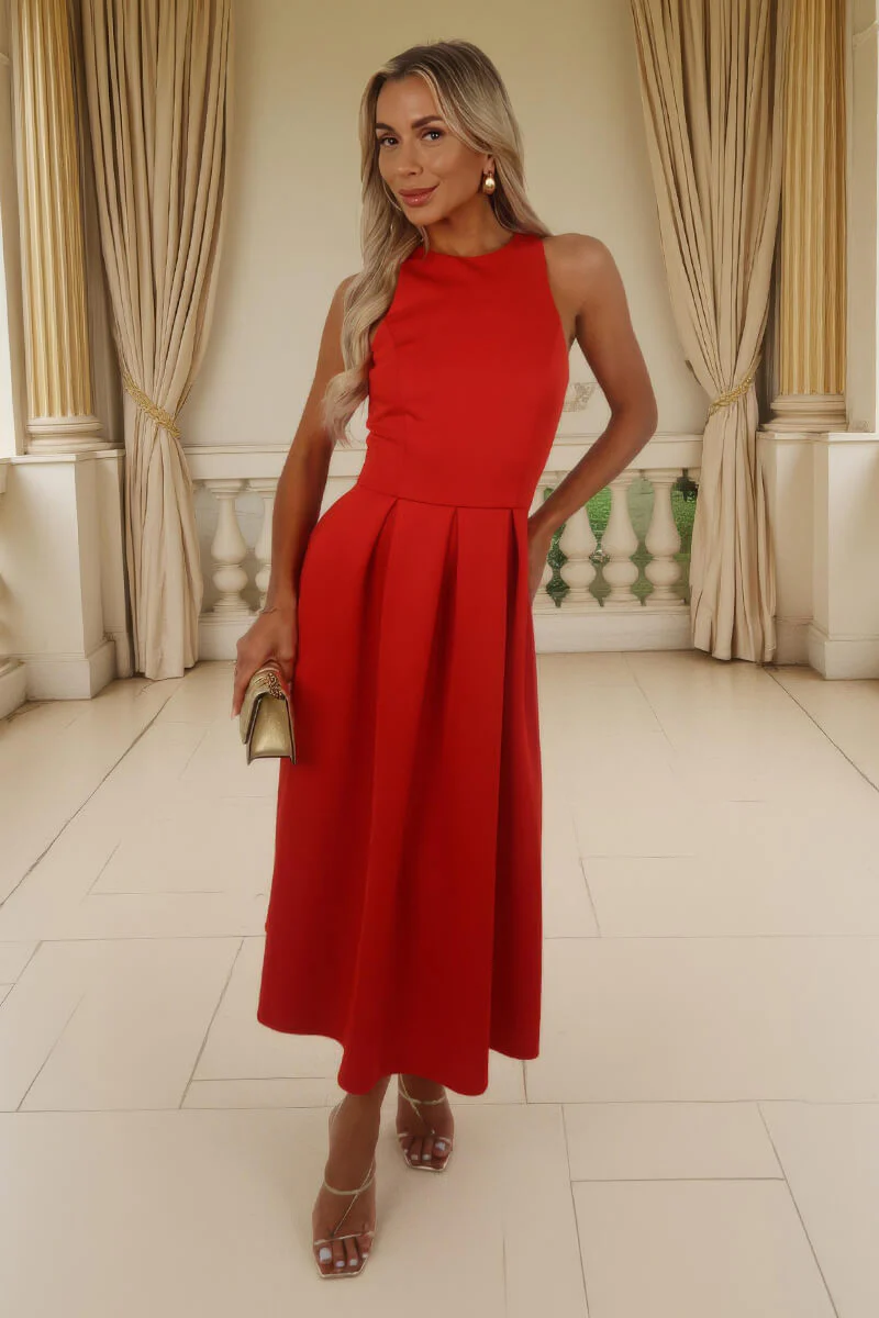 Blood Orange Racer Neck Pleated Skirt Midi Dress - Image 3