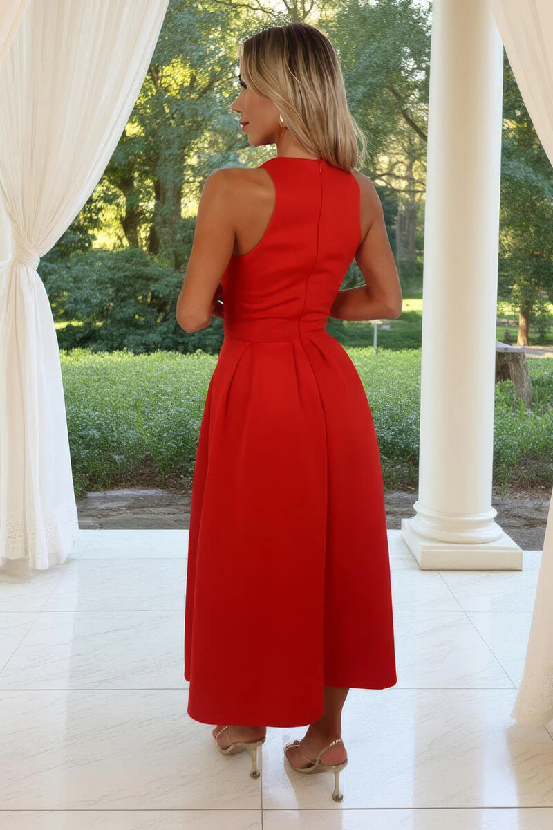Blood Orange Racer Neck Pleated Skirt Midi Dress - Image 5