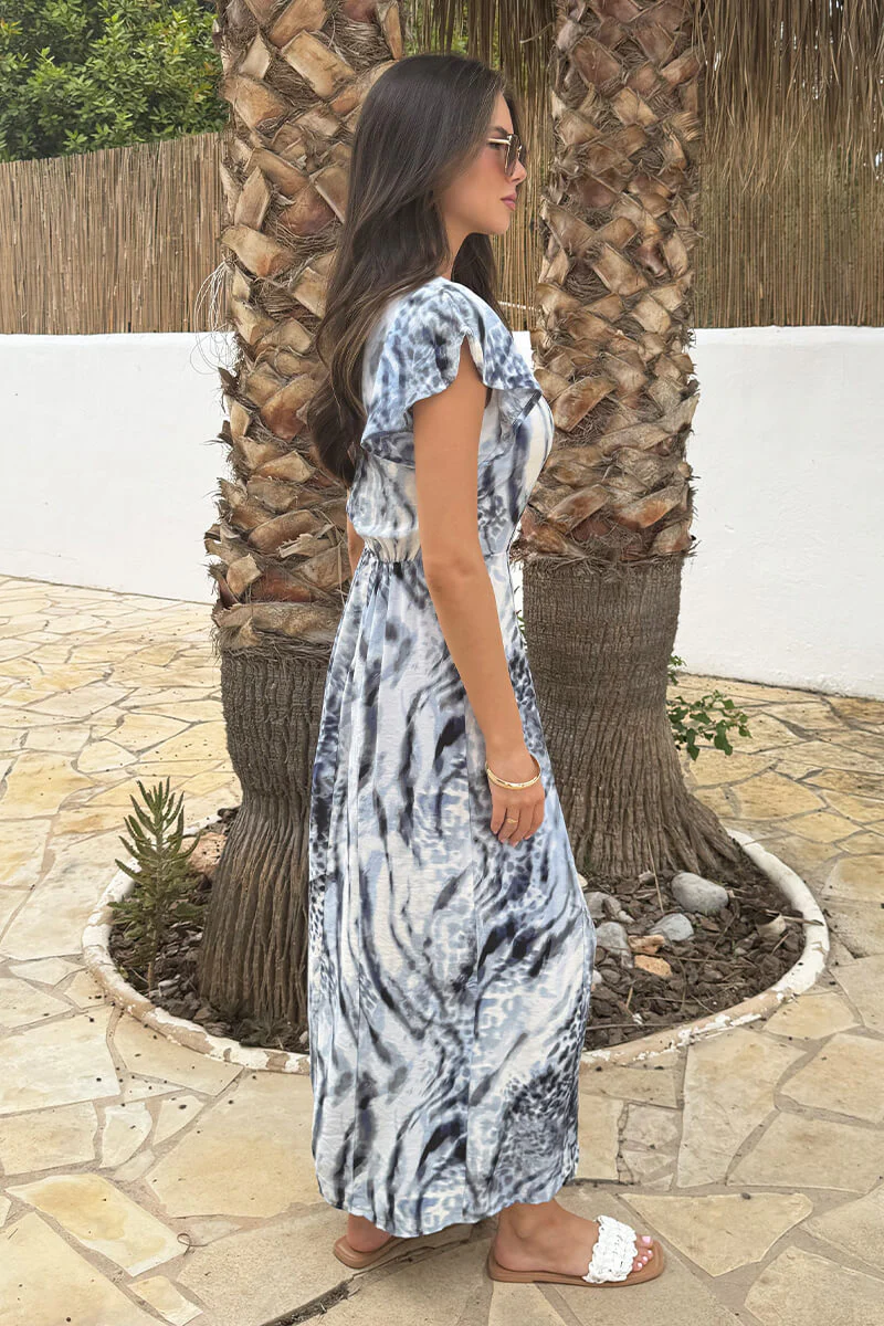 Blue Abstract Animal Print Flutter Sleeve Midi Dress - Image 4