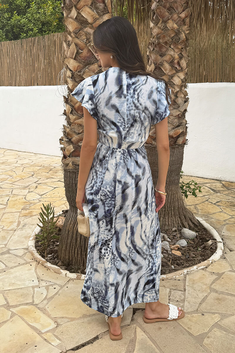 Blue Abstract Animal Print Flutter Sleeve Midi Dress - Image 5