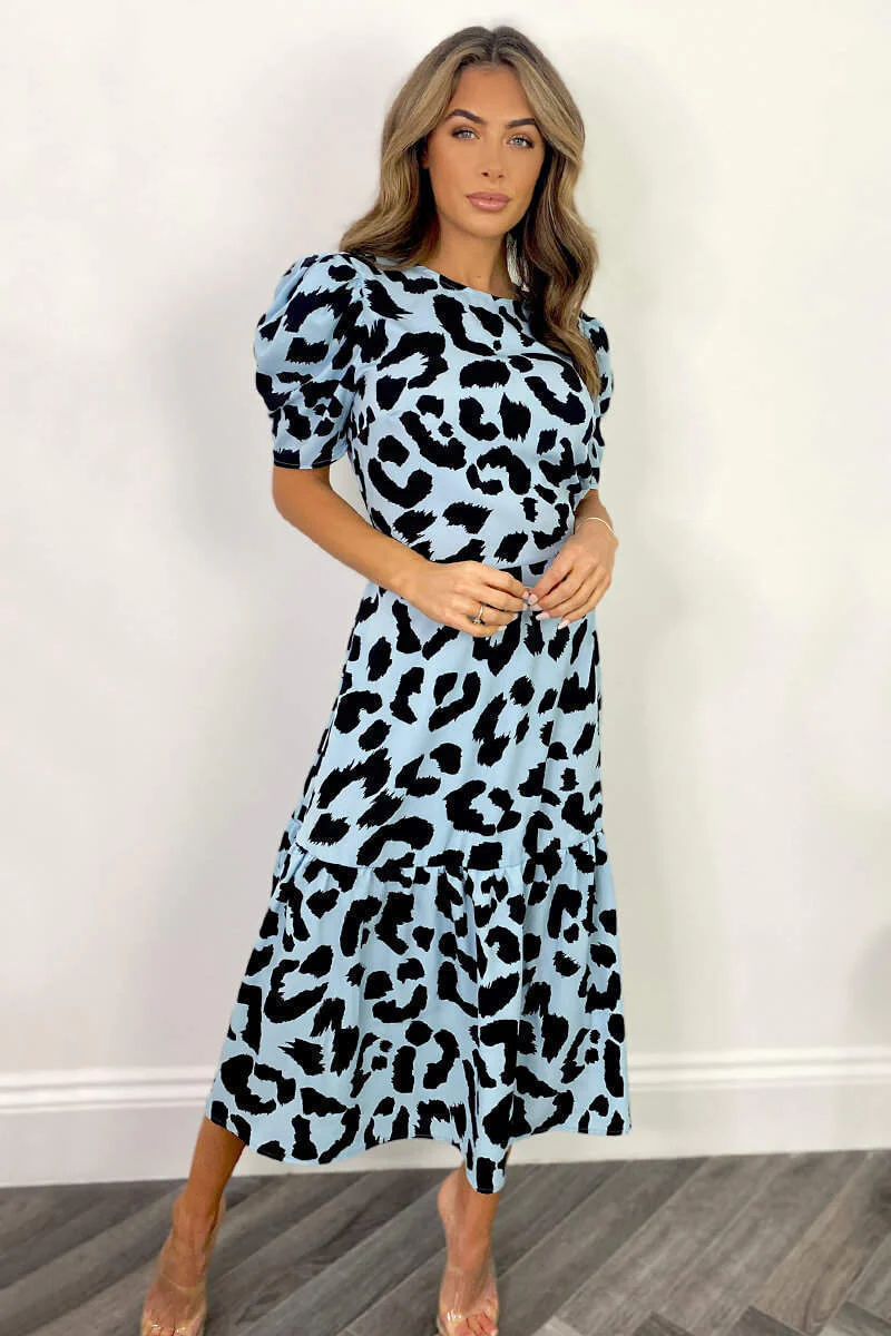 Blue and Black Animal Print Short Sleeve Midi Smock Dress - Image 2