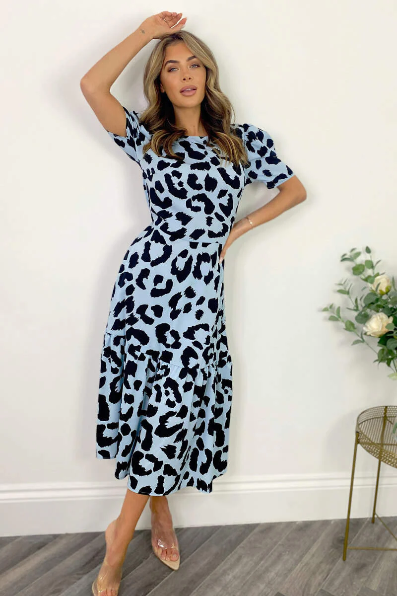 Blue and Black Animal Print Short Sleeve Midi Smock Dress - Image 3