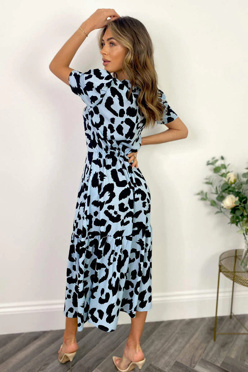 Blue and Black Animal Print Short Sleeve Midi Smock Dress - Image 4