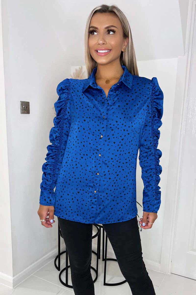 Blue And Black Printed Long Ruched Sleeve Shirt - Image 3