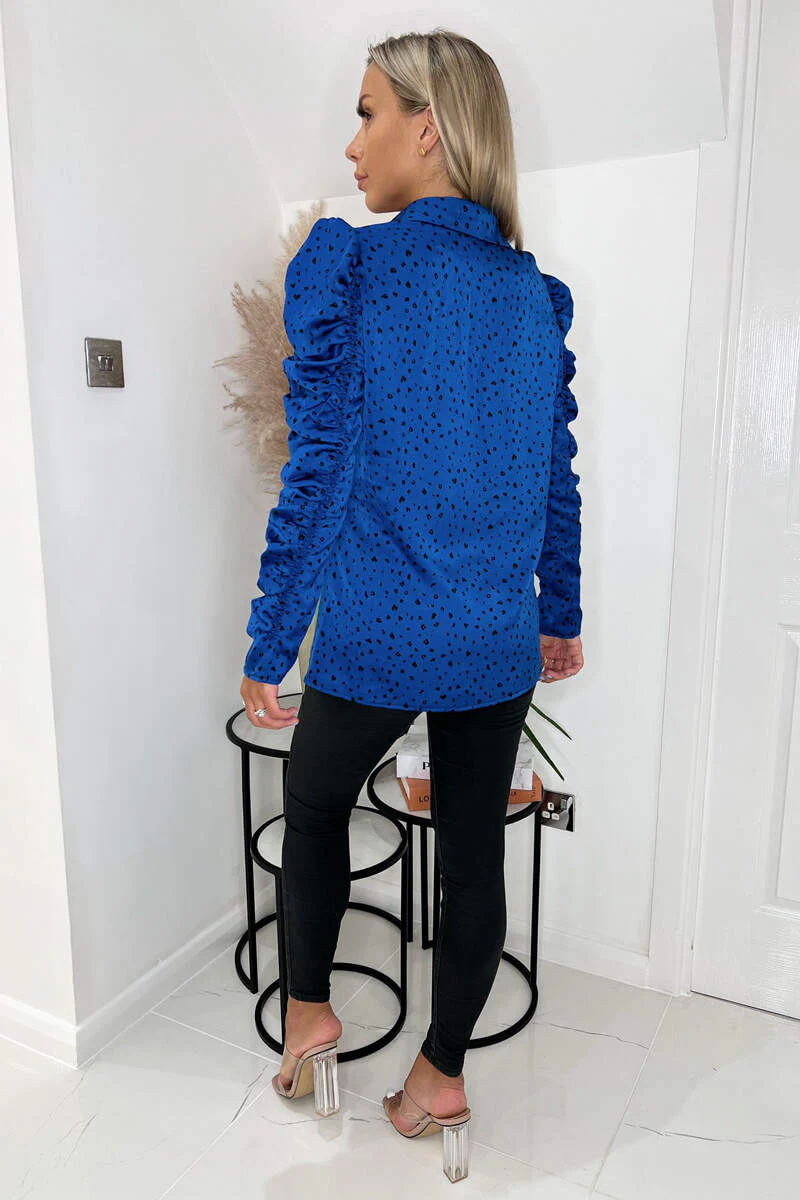 Blue And Black Printed Long Ruched Sleeve Shirt - Image 4