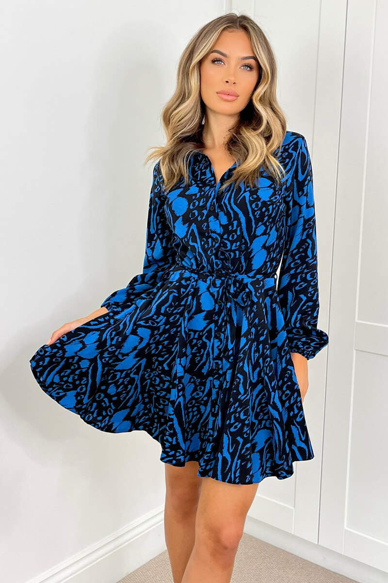 Blue and Black Printed Tie Waist Shirt Dress - Image 2