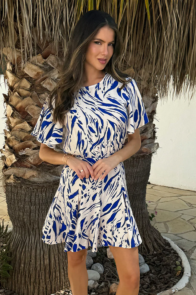 Blue And Cream Brush Stroke Print Butterfly Sleeve Skater Mini Dress - Image 3