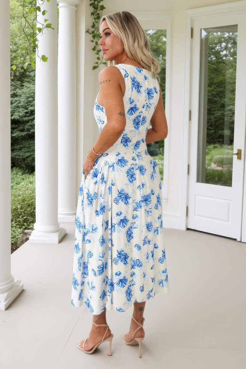 Blue And Cream Floral Print Pleated Hip Midi Dress - Image 5