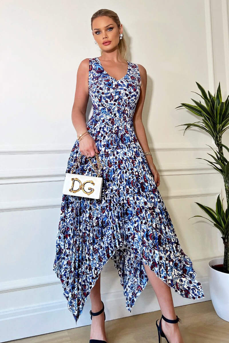 Blue And Red Floral Printed V Neck Zig Zag Pleated Midi Dress - Image 2