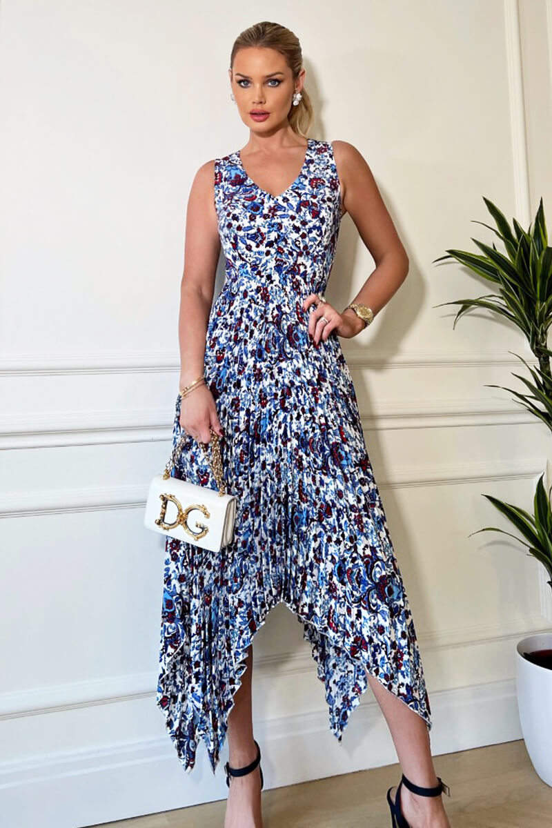 Blue And Red Floral Printed V Neck Zig Zag Pleated Midi Dress - Image 4