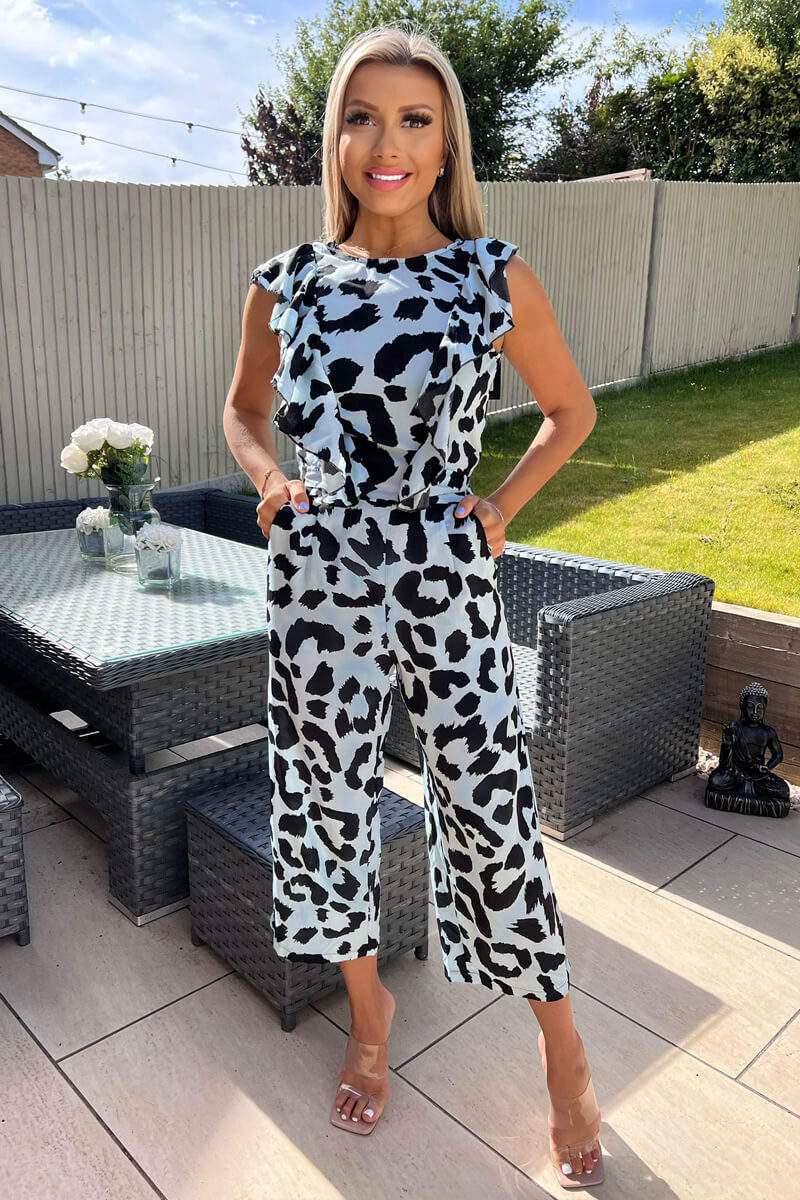 Blue Animal Print Frill Front Jumpsuit - Image 2
