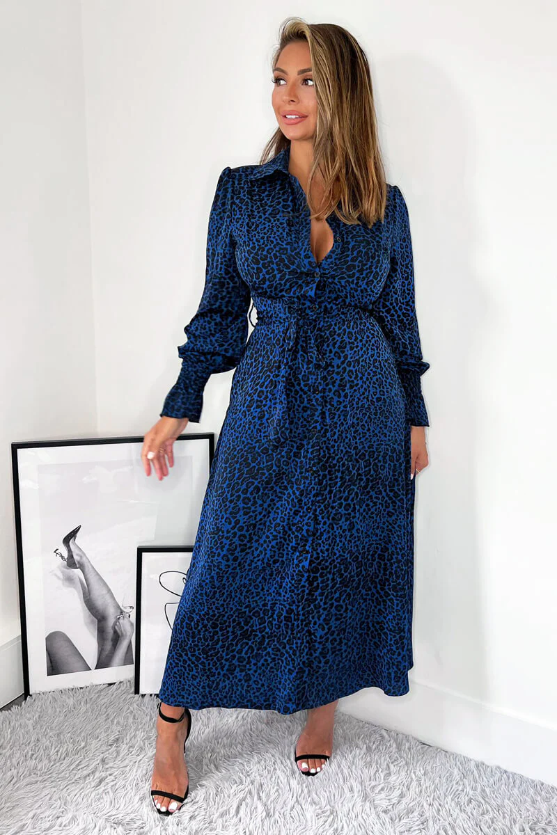 Blue Animal Print Long Sleeve Belted Shirt Dress - Image 2