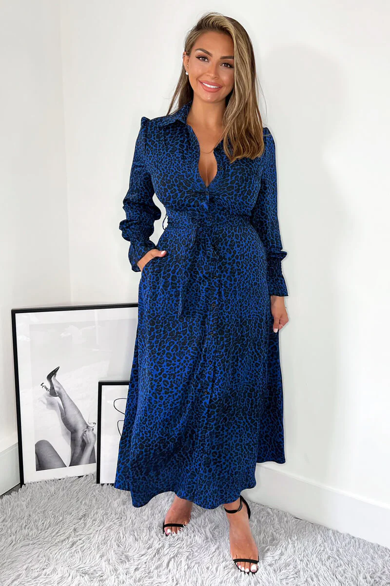 Blue Animal Print Long Sleeve Belted Shirt Dress - Image 3