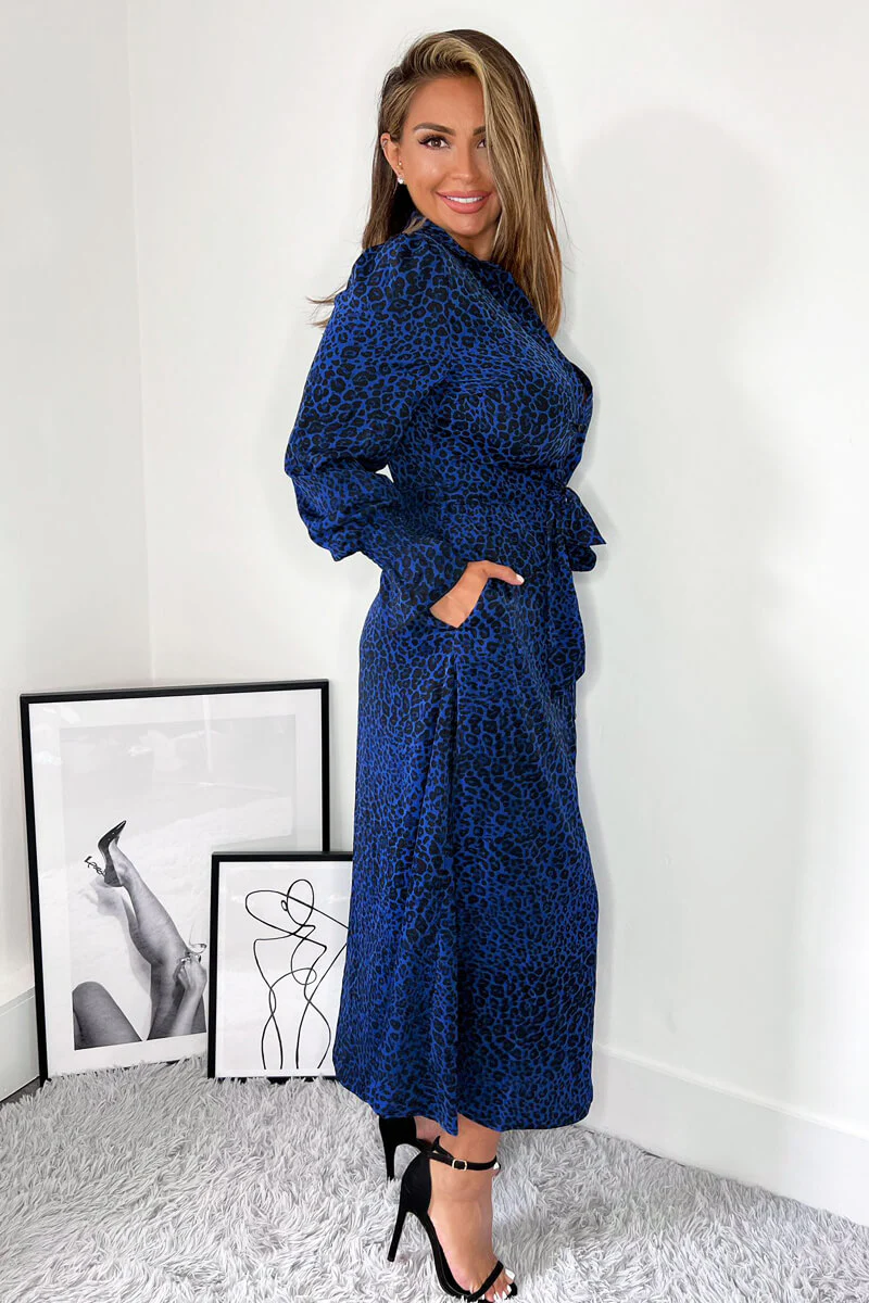 Blue Animal Print Long Sleeve Belted Shirt Dress - Image 4