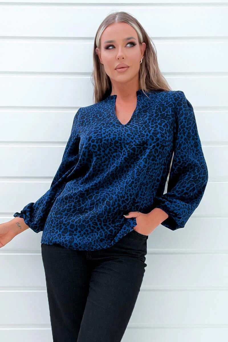 Blue Animal Print Long Sleeve Blouse - Image 3