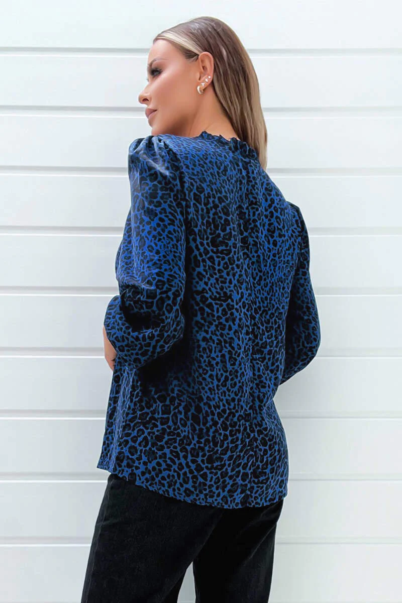Blue Animal Print Long Sleeve Blouse - Image 4