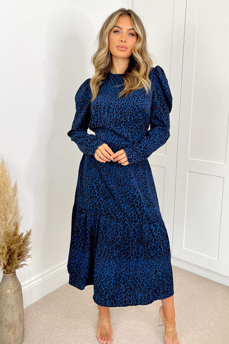Blue Animal Print Long Sleeve Smock Dress - Image 3