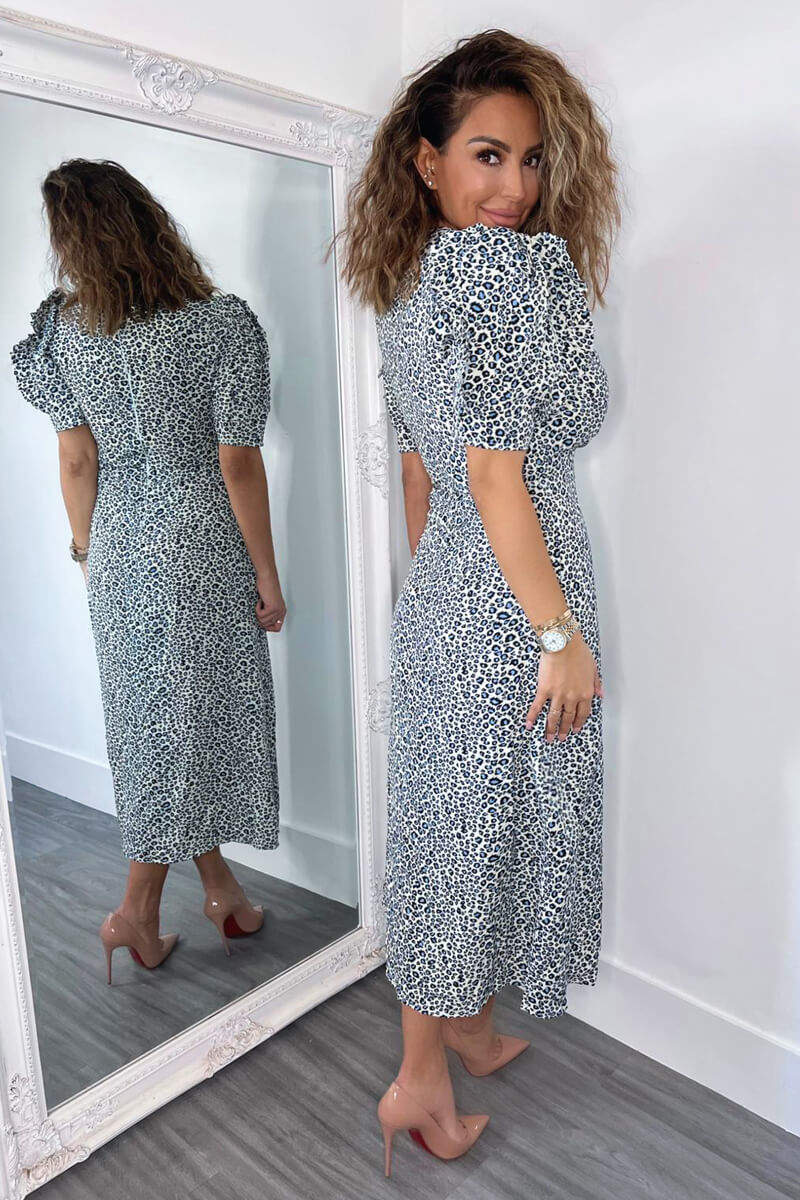 Blue Animal Print Pleated Sleeve Midi Dress - Image 5