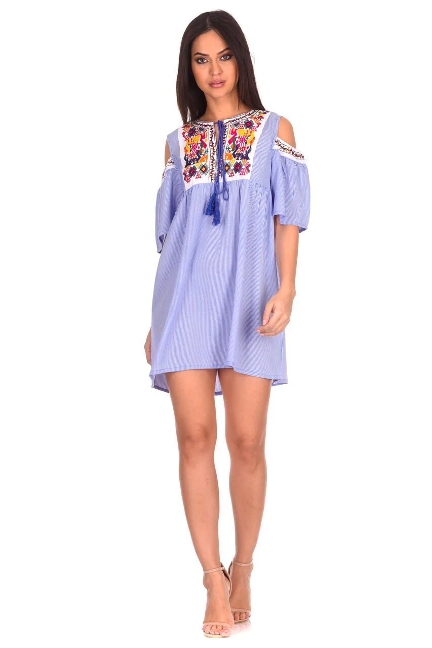 Blue Aztec Striped Cold Shoulder Dress - Image 2