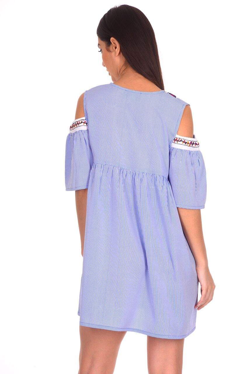 Blue Aztec Striped Cold Shoulder Dress - Image 3