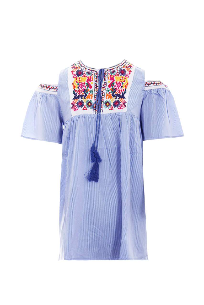 Blue Aztec Striped Cold Shoulder Dress - Image 4