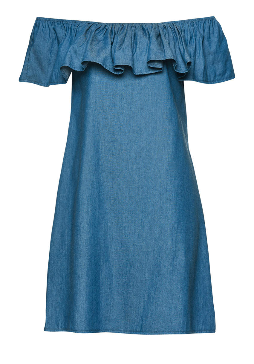 Blue Denim Dress Off Shoulder Frill Feature - Image 2