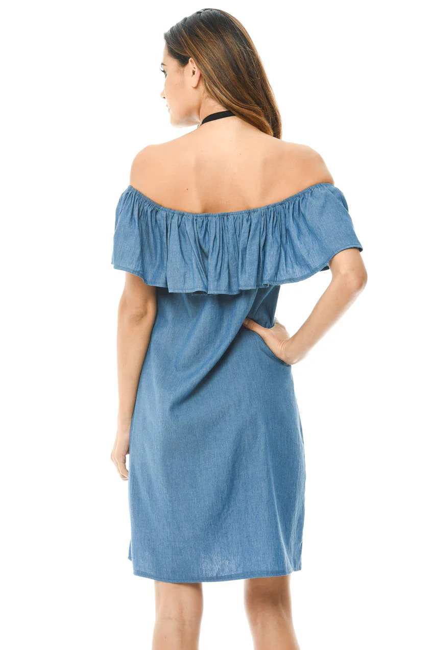 Blue Denim Dress Off Shoulder Frill Feature - Image 4