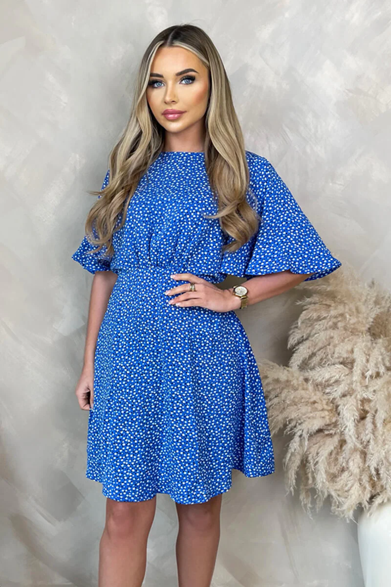 Blue Ditsy Printed Butterfly Sleeve Mini Dress - Image 3