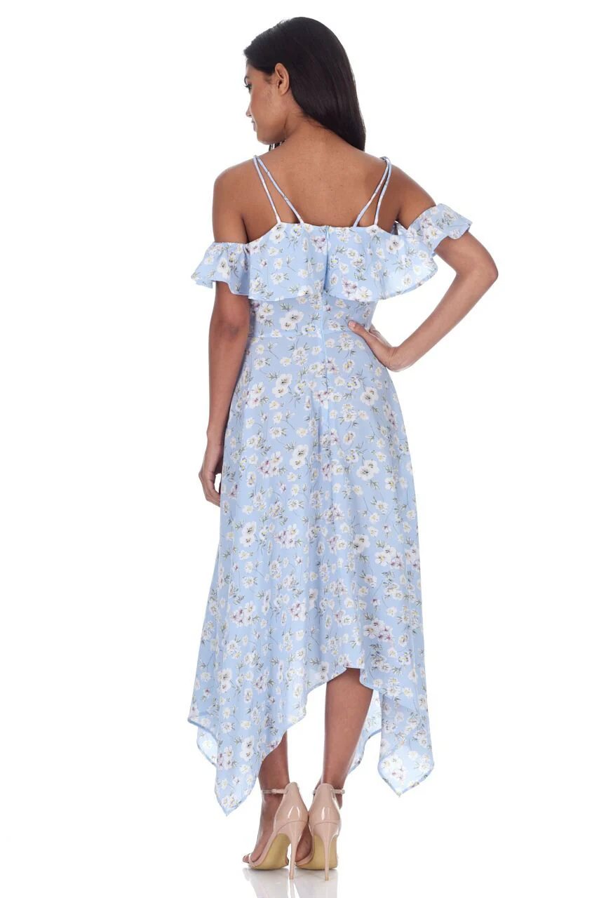 Blue Floral Cut Out Shoulder Dress - Image 3