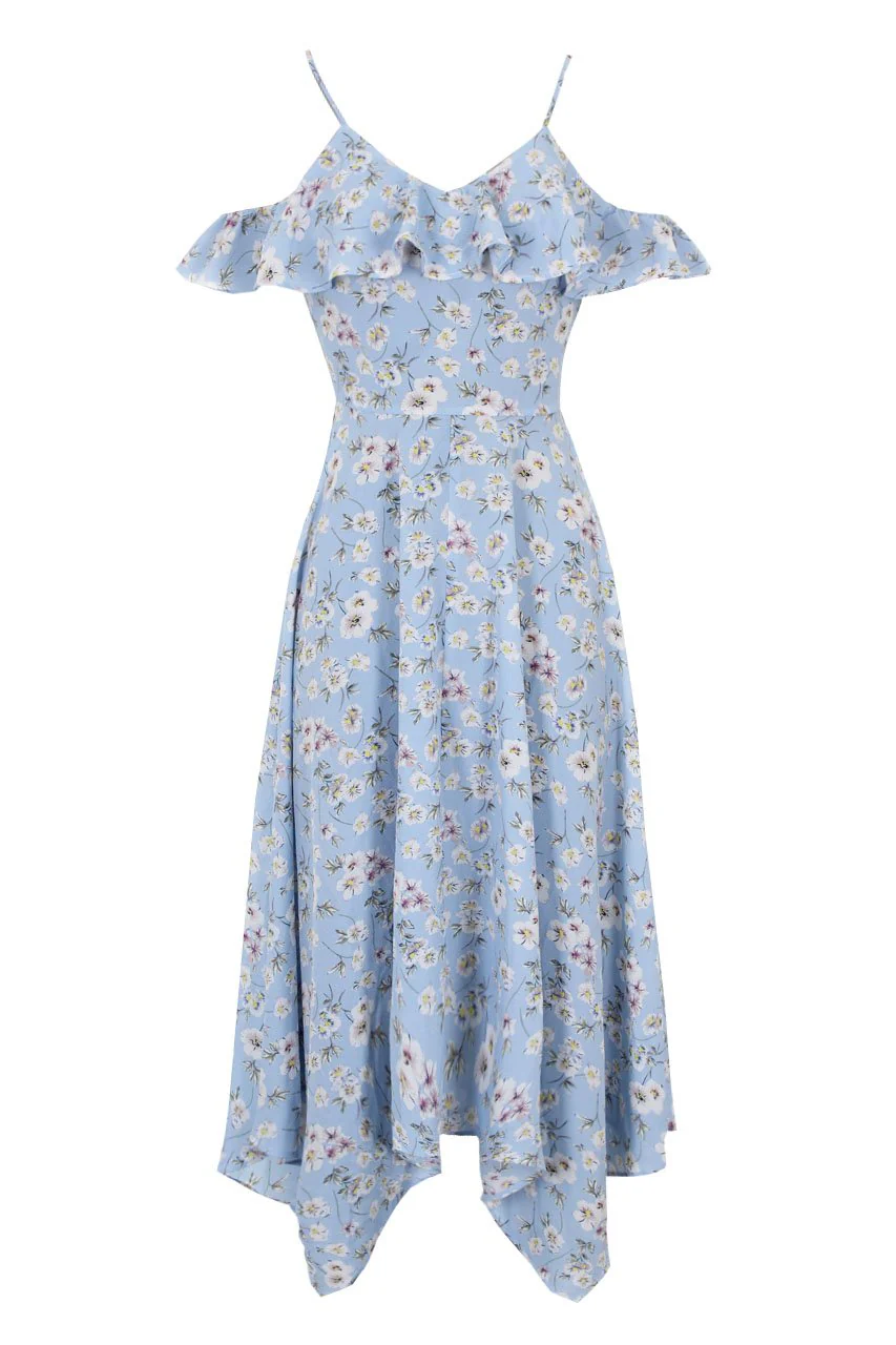 Blue Floral Cut Out Shoulder Dress - Image 4