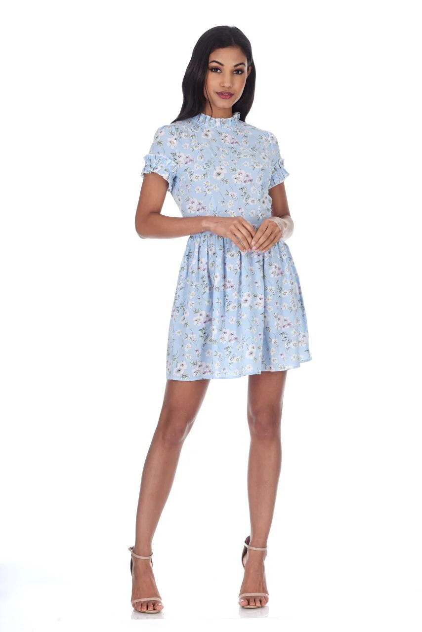 Blue Floral Frill Detail Mini Dress - Image 2