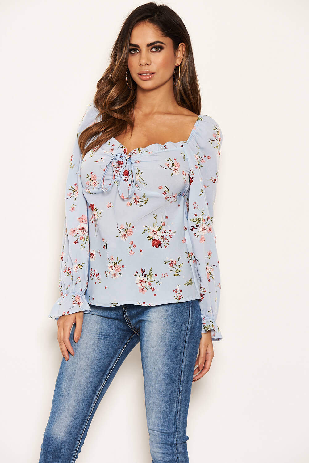 Blue Floral Long Sleeve Milk Maid Neckline Top - Image 3