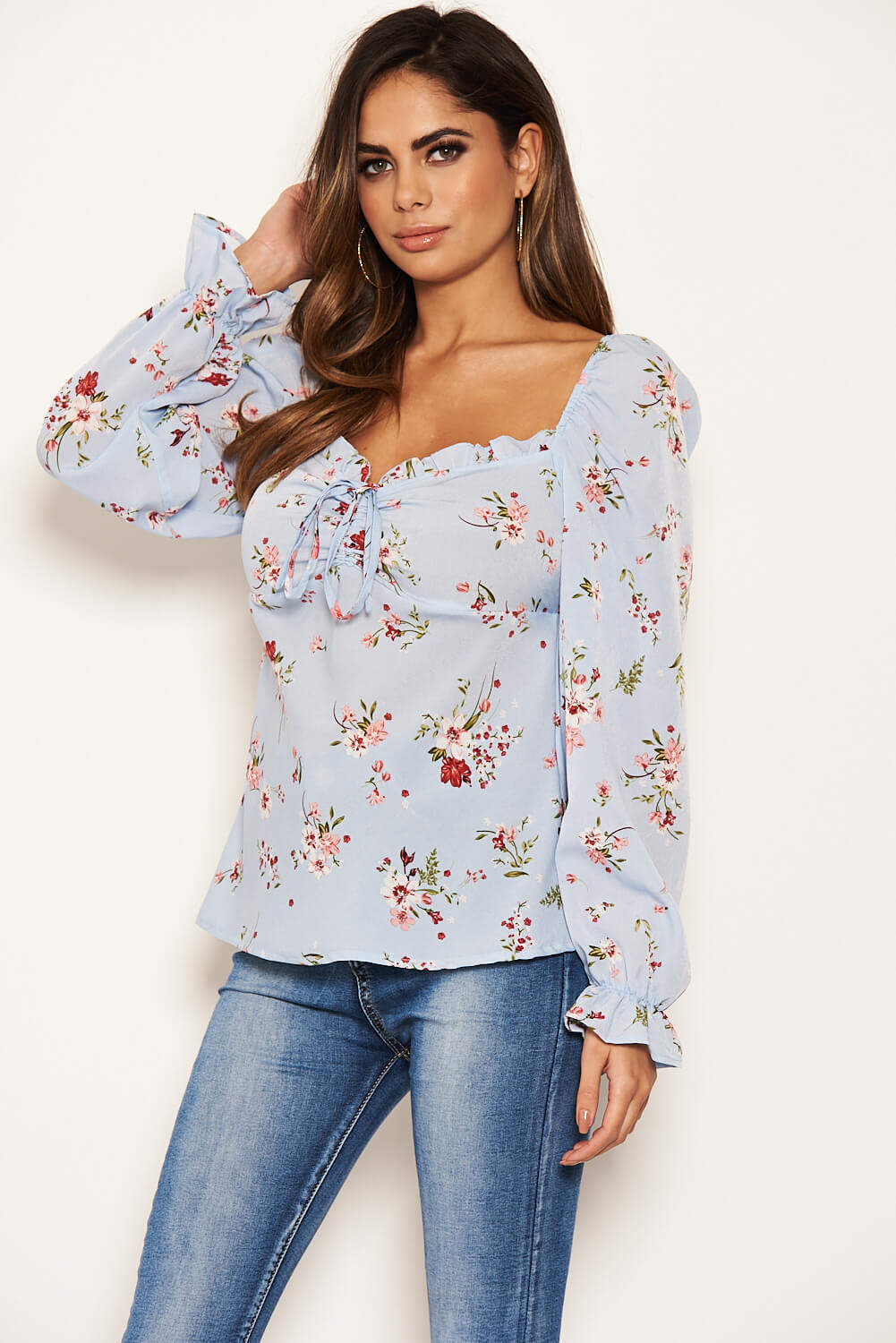 Blue Floral Long Sleeve Milk Maid Neckline Top - Image 4