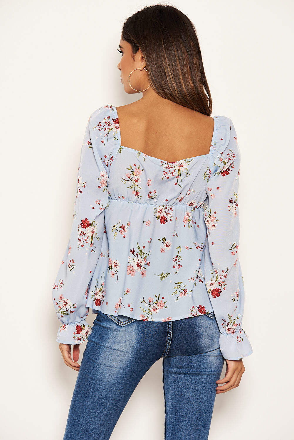 Blue Floral Long Sleeve Milk Maid Neckline Top - Image 5