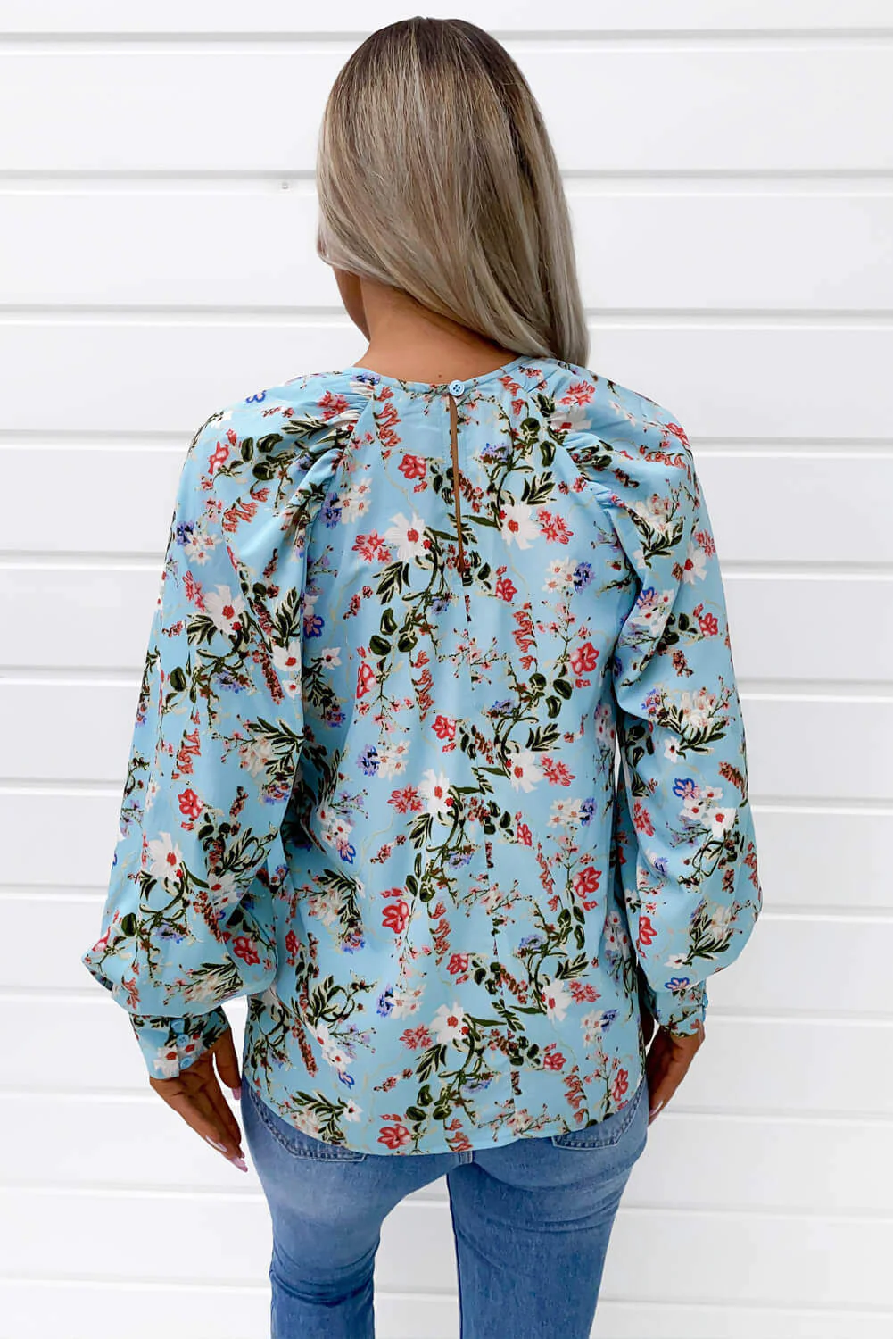 Blue Floral Print High Neck Wide Sleeve Top - Image 5