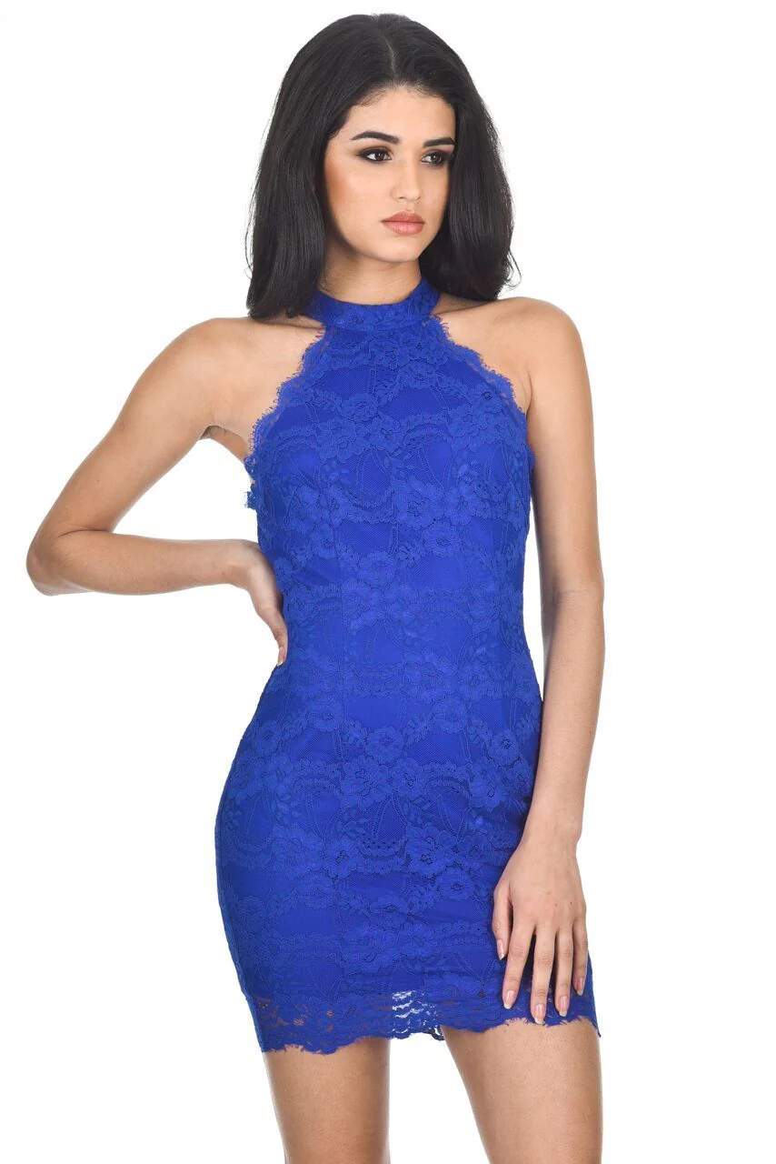 Blue Halter Lace Mini Dress - Image 6