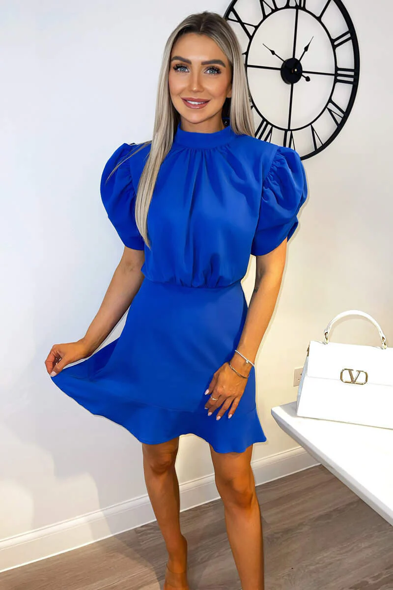 Blue High Neck Puff Sleeve Skater Dress - Image 2