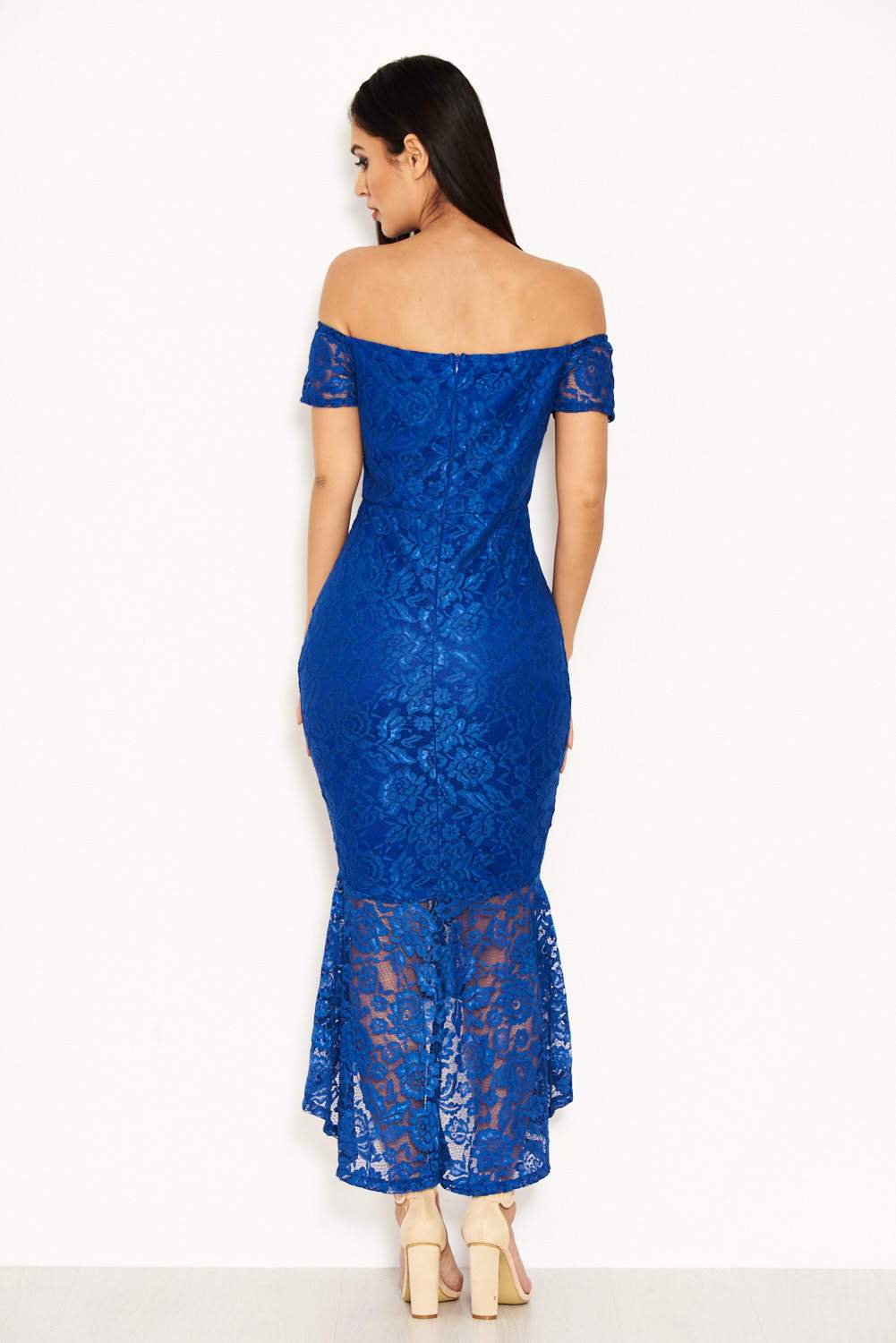 Blue Lace Bardot Fishtail Dress - Image 3
