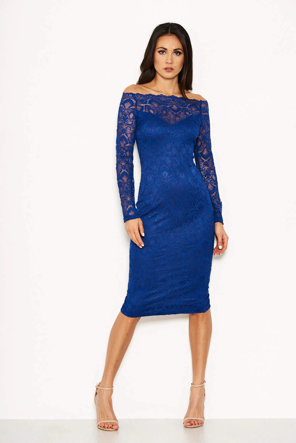 Blue Lace Long Sleeved Midi Dress - Image 2