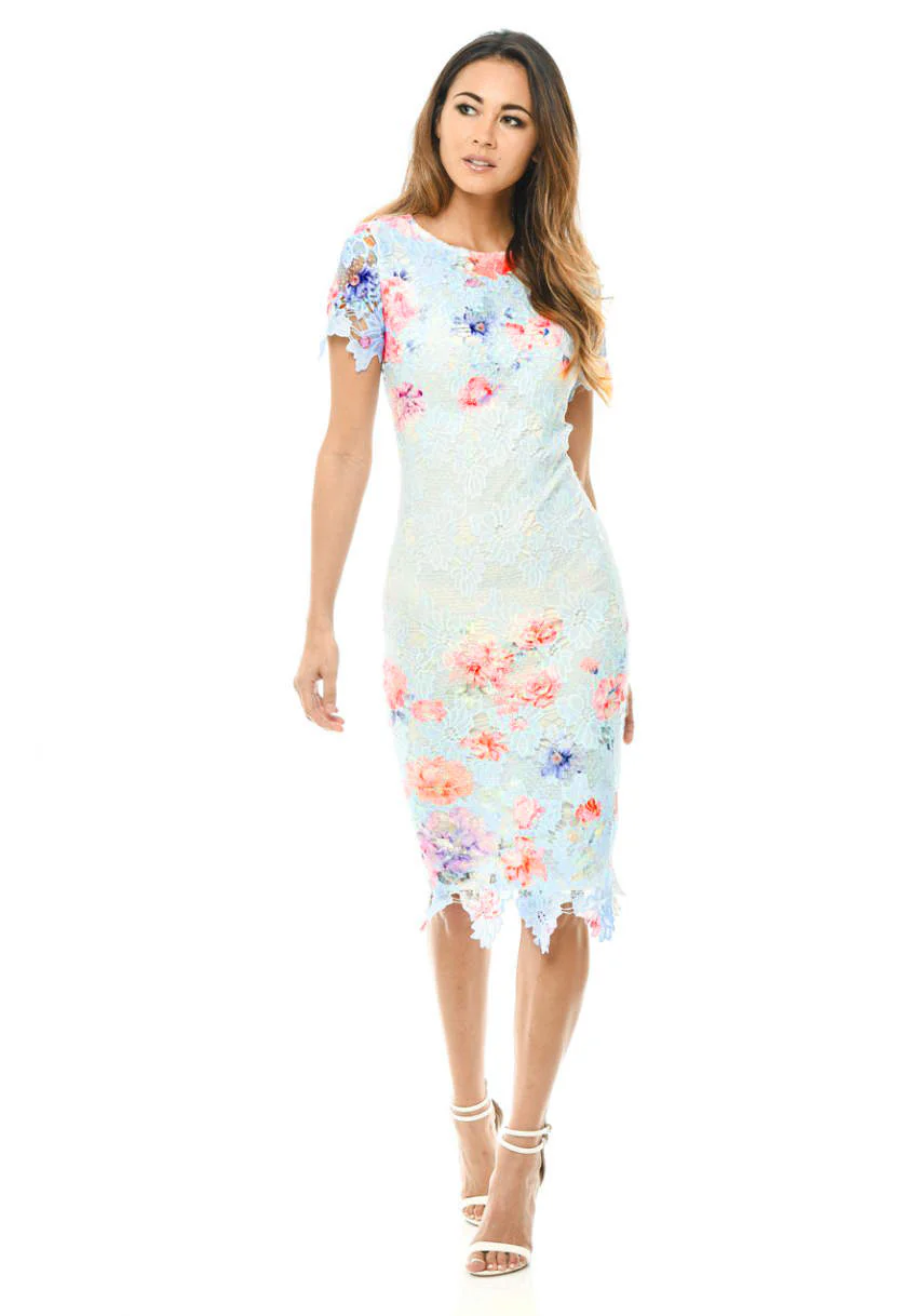 Blue Lace Printed Midi Dress - Image 2