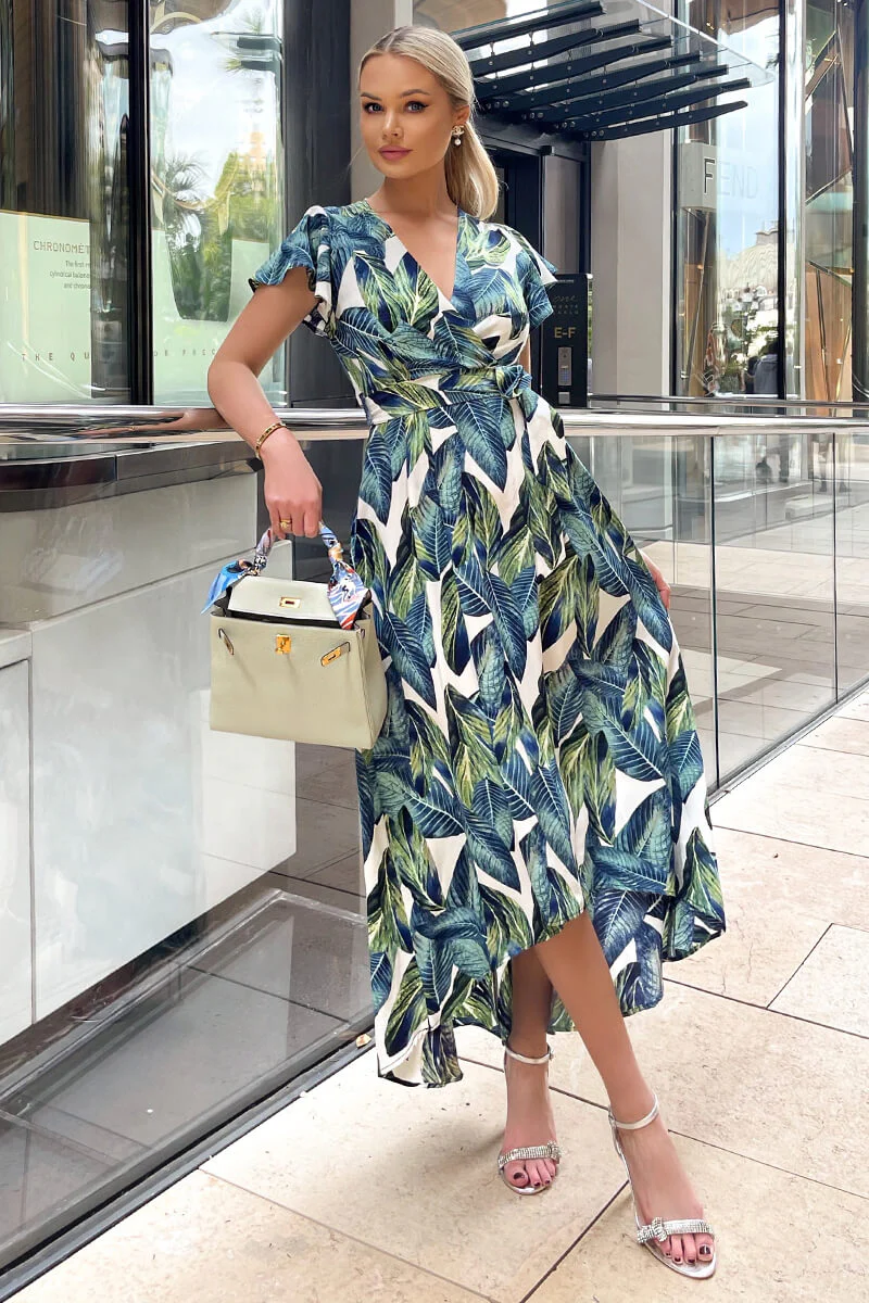 Blue Leaf Print Short Sleeve Belted Wrap Midi Dress - Image 2