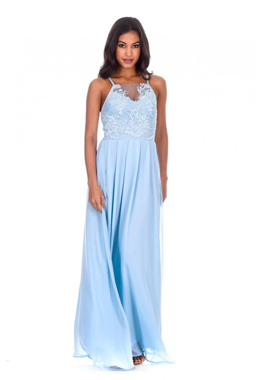 Blue Mesh Embroidery Maxi Dress - Image 2