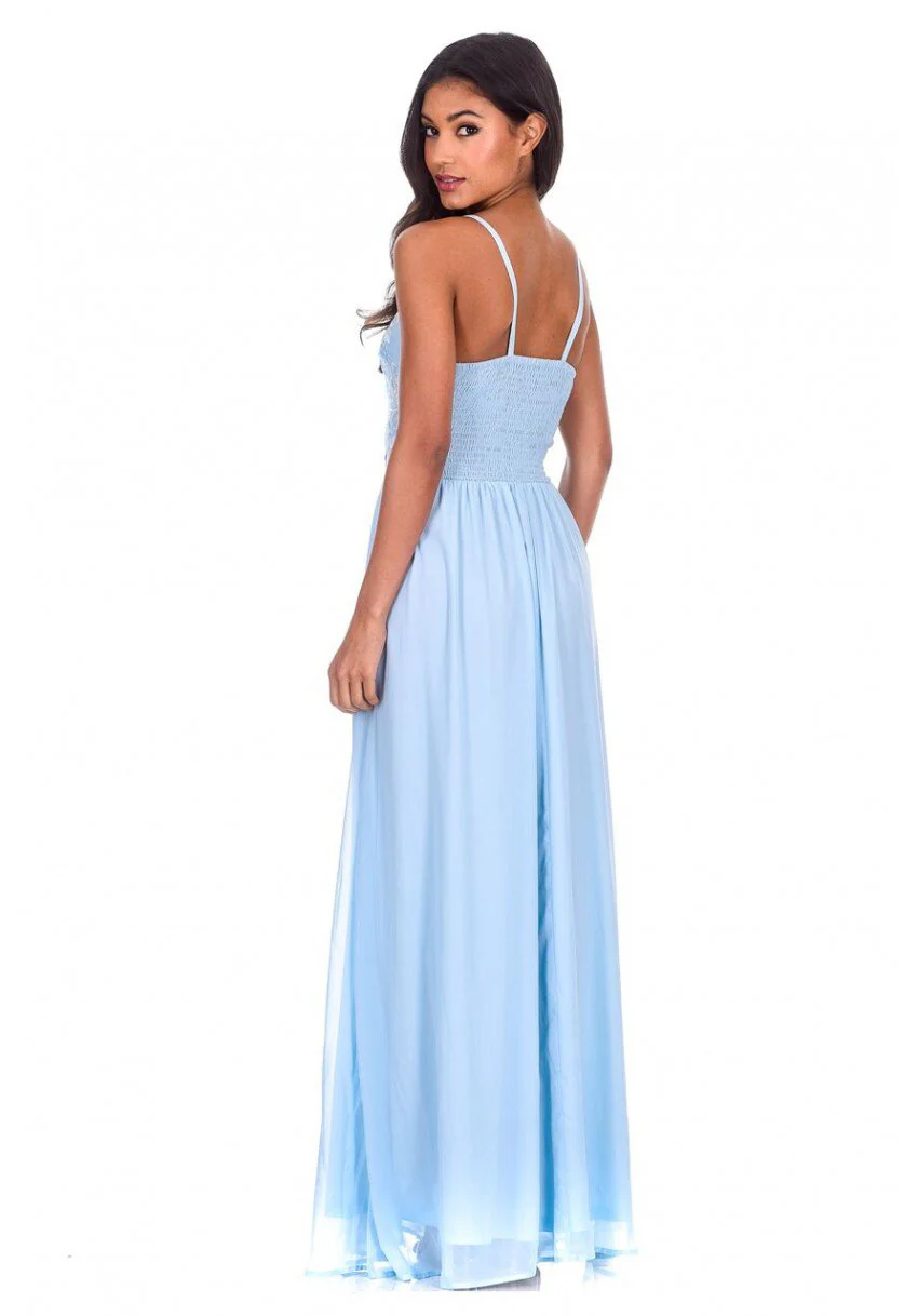 Blue Mesh Embroidery Maxi Dress - Image 3