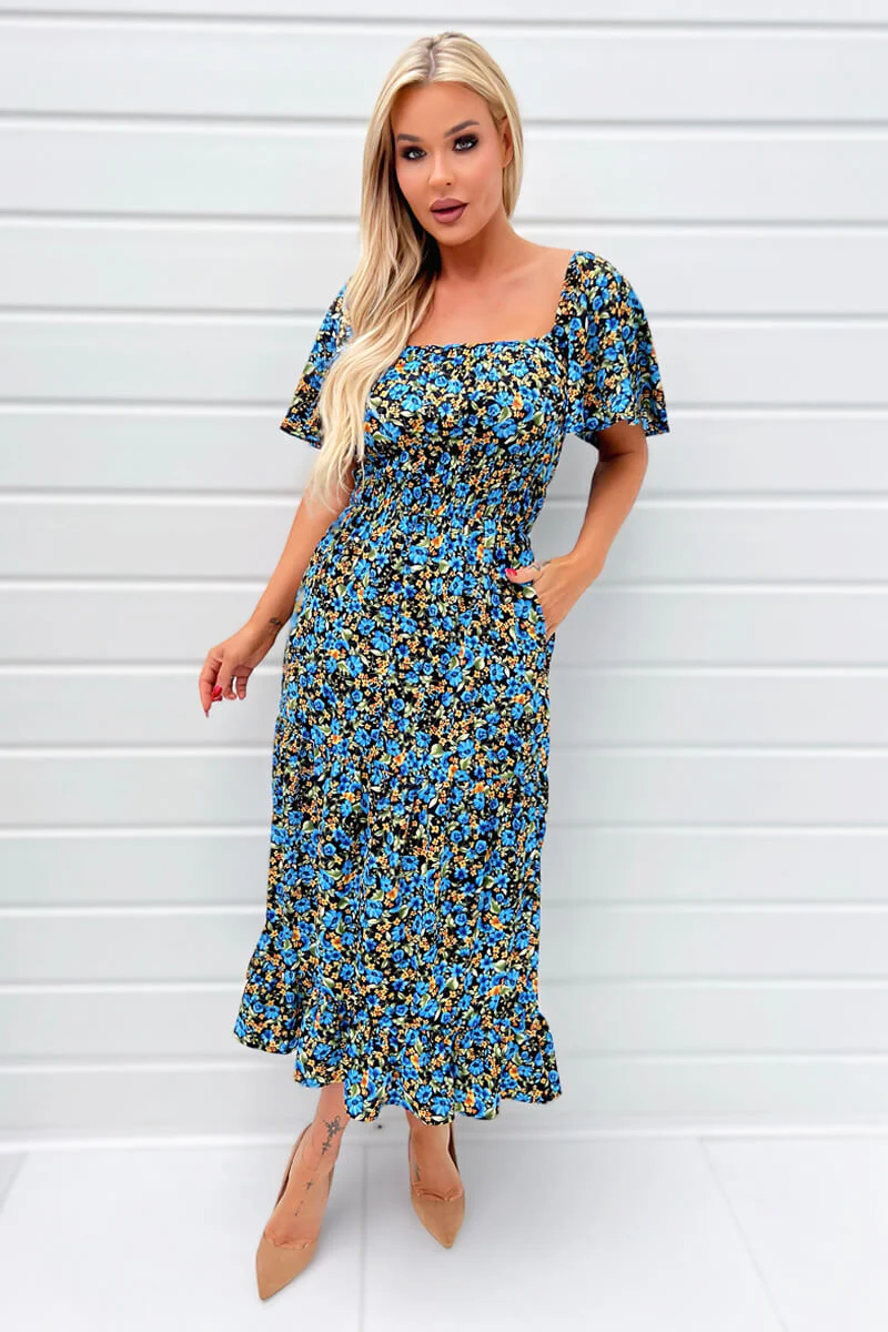 Blue Floral Printed Flutter Sleeve Midi Smock Dress - Image 2