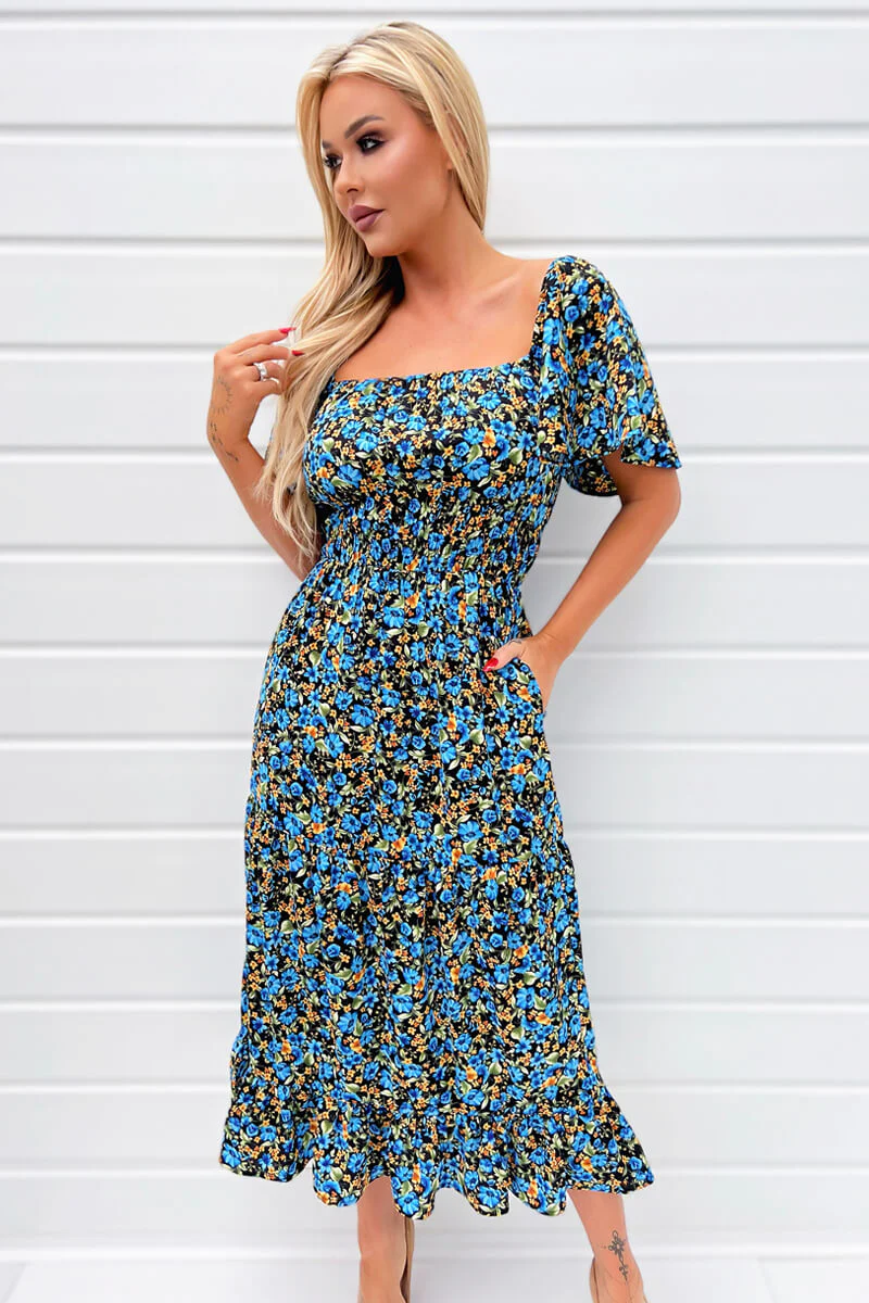 Blue Floral Printed Flutter Sleeve Midi Smock Dress - Image 3