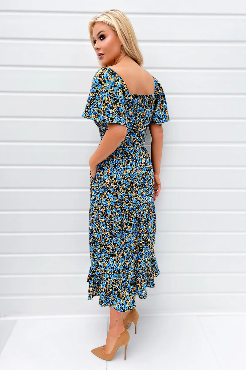 Blue Floral Printed Flutter Sleeve Midi Smock Dress - Image 4