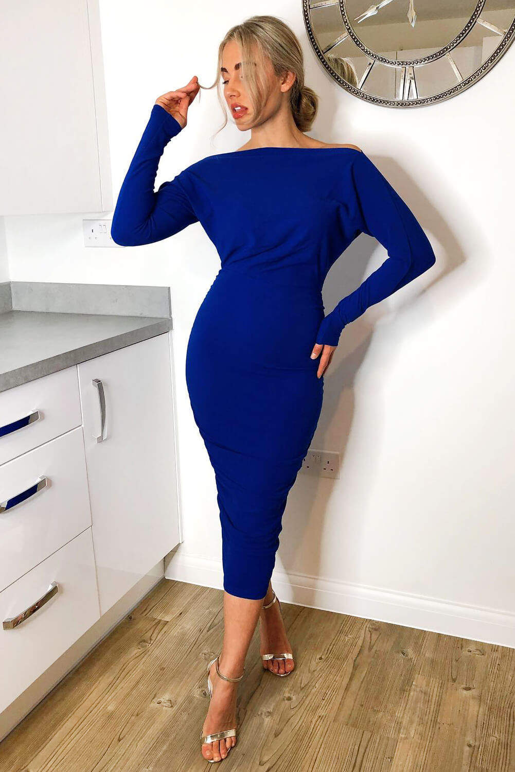 Blue Off Shoulder Ruched Dress - Image 2