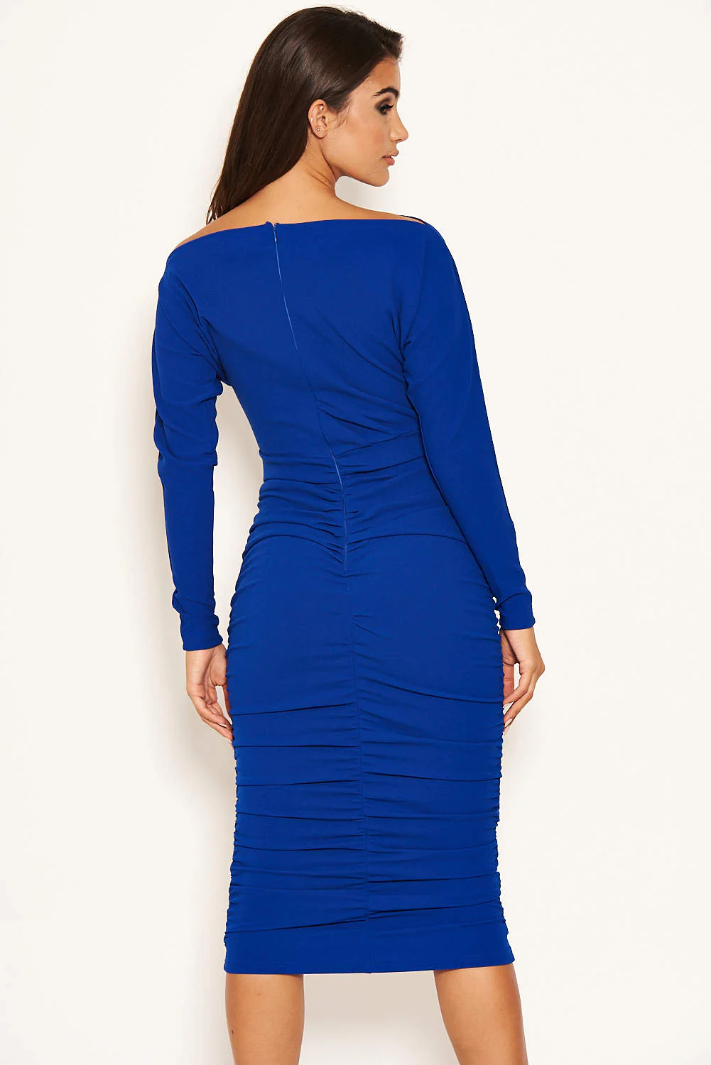 Blue Off Shoulder Ruched Dress - Image 5