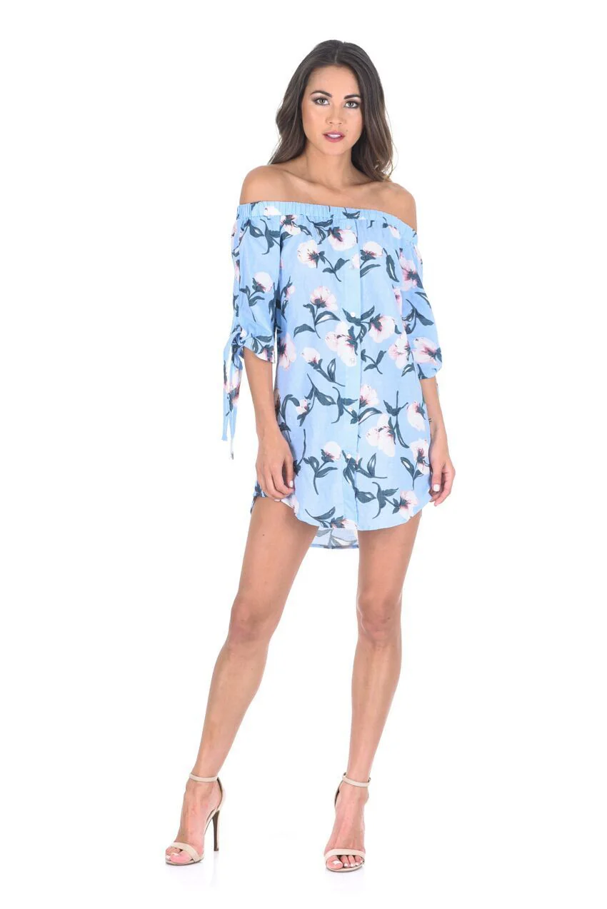 Blue Off The Shoulder Printed Floral Dress - Image 2